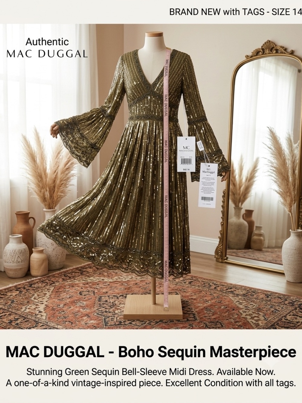 Brand New MSRP $1000 Mac Duggal Olive Green Sequin Bell-Sleeve Midi Dress